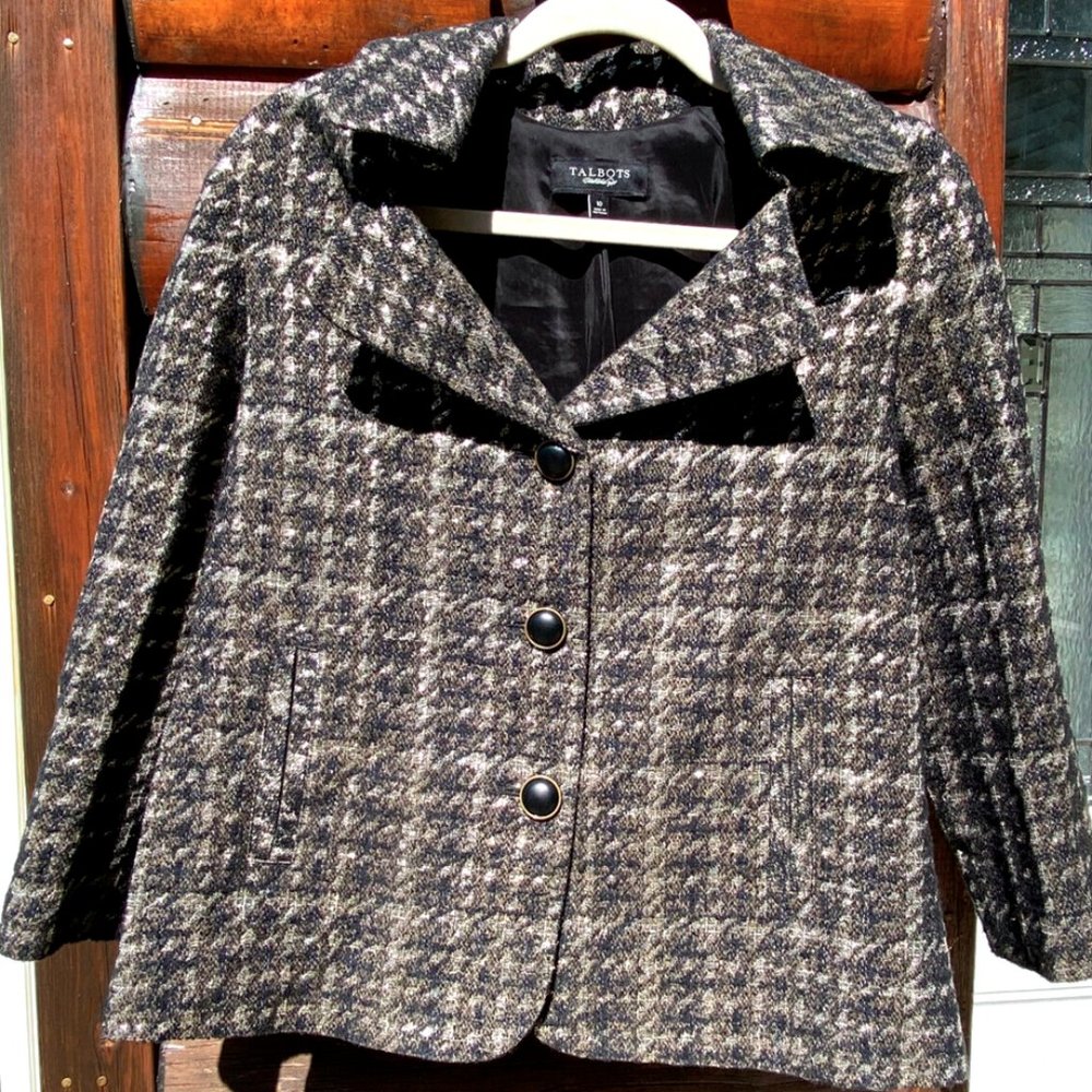 Talbots Size 10 Black Metallic Gold Houndstooth Tweed Button Swing Blazer Jacket - Picture 6 of 8